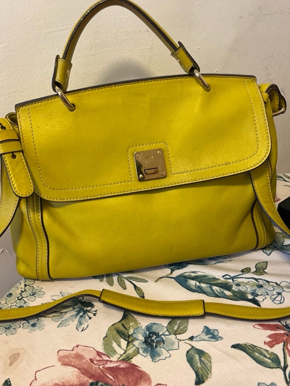 MCM Yellow Leather Top-Handle Satchel with Strap and Gold Hardware